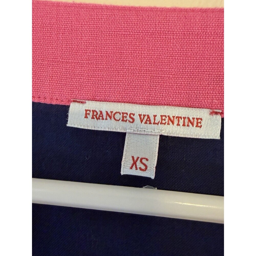 Frances Valentine XS Navy Pink Embroidered Linen Cotton Midi Dress Belted - Picture 10 of 11